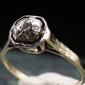 c.1915 Edwardian Engagement Ring .07ct Old Mine Cut Diamond 14k Gypsy Setting